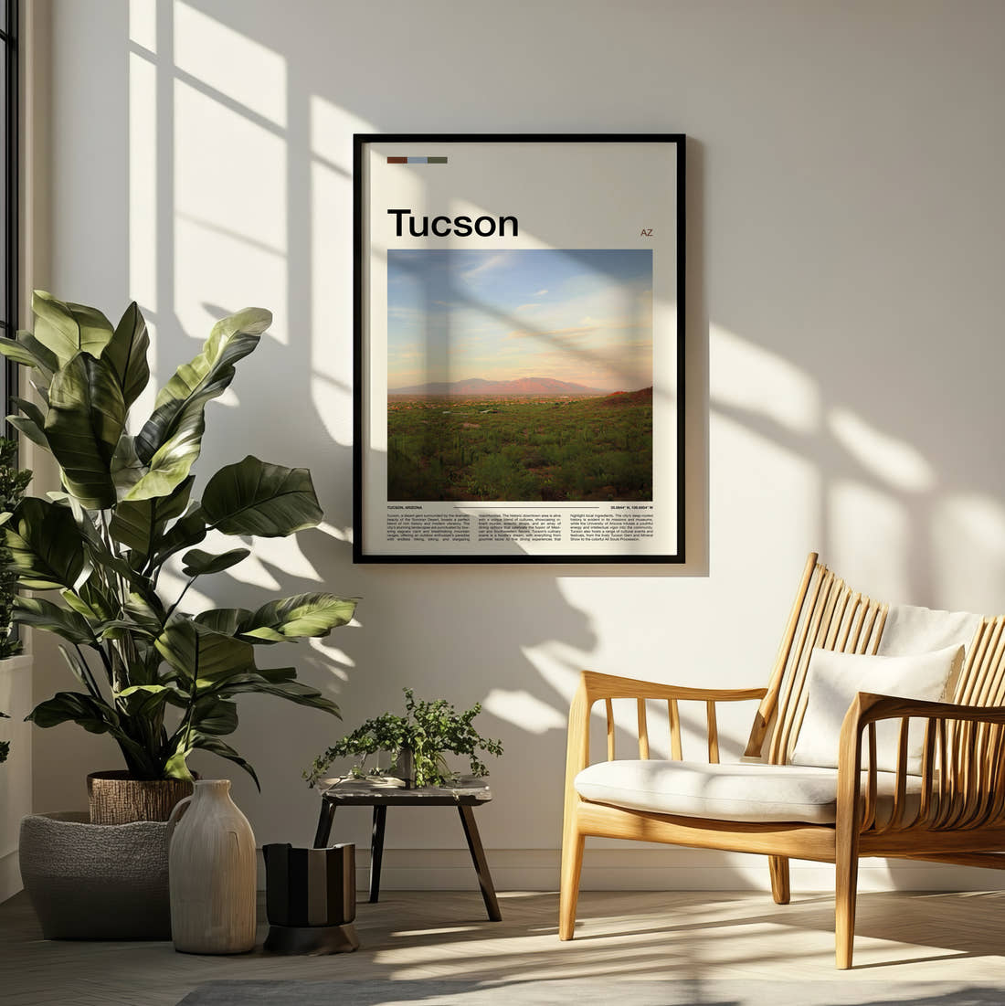 Tucson Desert Peak Travel Print framed on a pale wall beside houseplants