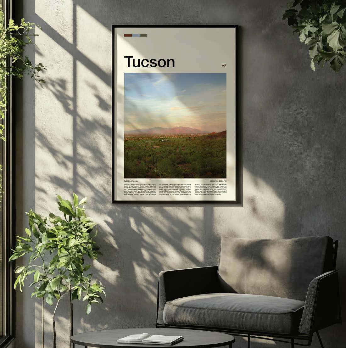 Tucson Desert Peak Travel Print framed on the wall of a relaxed living room
