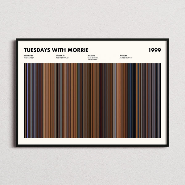 Tuesdays With Morrie Movie Barcode Poster framed and photographed straight on
