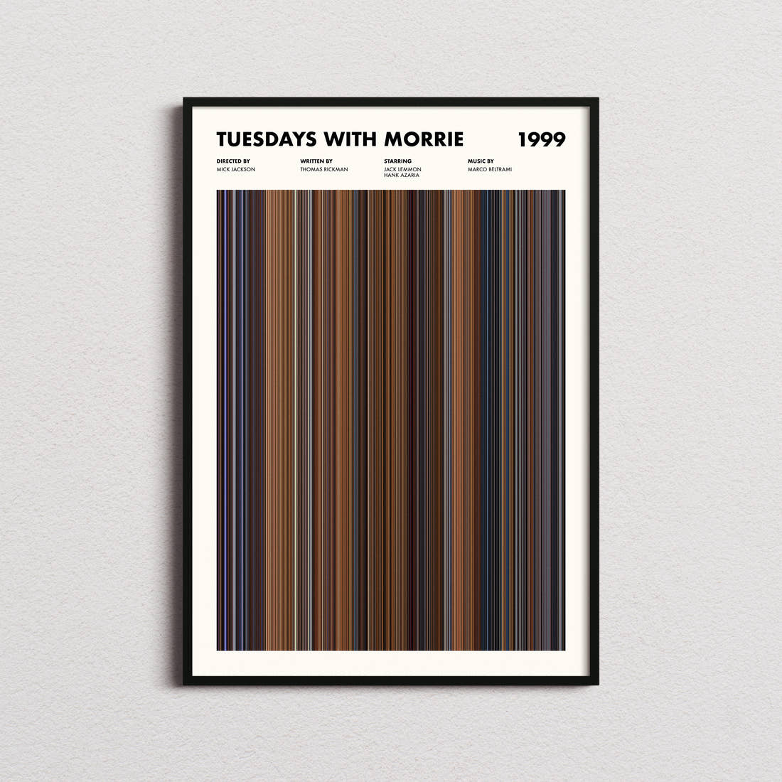 Tuesdays With Morrie Movie Barcode Poster framed on a plain studio wall
