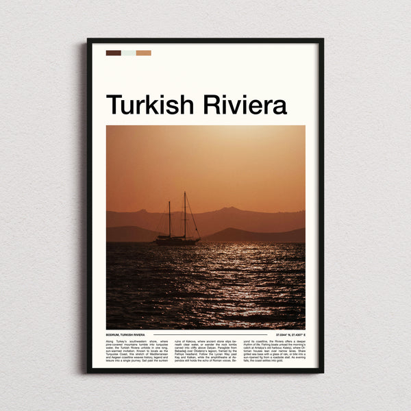 Turkish Riviera Sunset Sailing Boat Travel Print framed and photographed straight on
