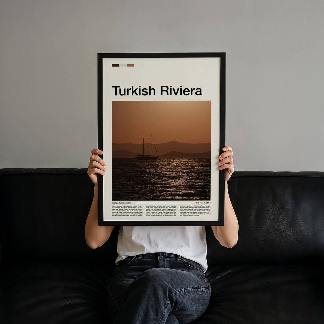 Turkish Riviera Sunset Sailing Boat Travel Print held up by hand to show the size of the print