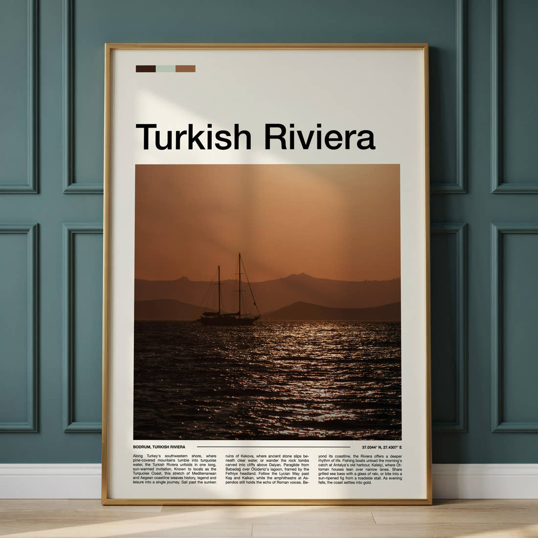 Turkish Riviera Sunset Sailing Boat Travel Print framed on the wall of a calm, neutral bedroom