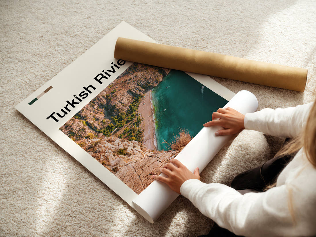Turkish Riviera Aerial Coastal Cliffs Travel Print being unrolled from its postal tube