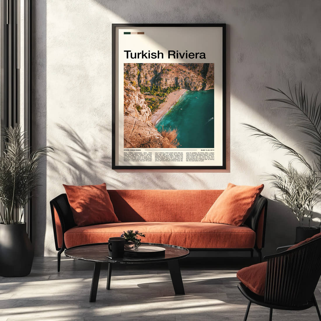 Turkish Riviera Aerial Coastal Cliffs Travel Print framed on the wall of a modern living room