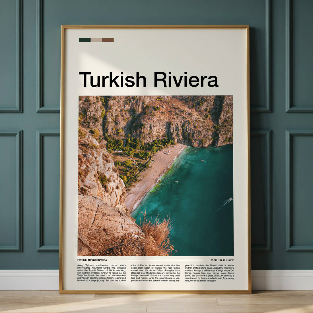 Turkish Riviera Aerial Coastal Cliffs Travel Print framed on the wall of a calm, neutral bedroom