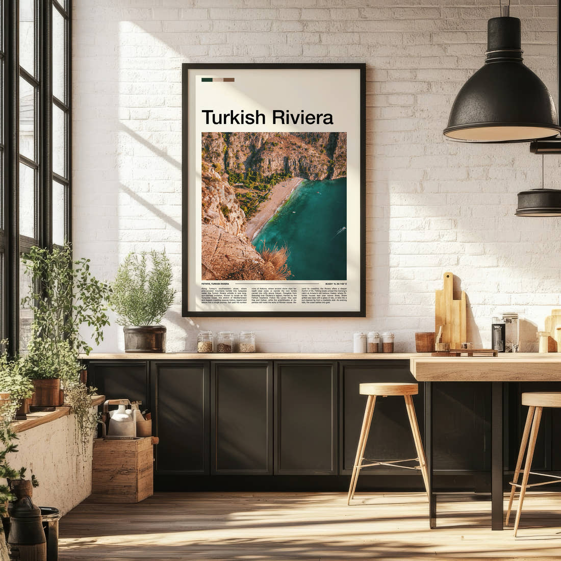 Turkish Riviera Aerial Coastal Cliffs Travel Print framed on the wall of a bright kitchen and dining space