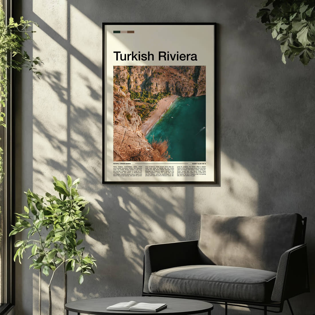 Turkish Riviera Aerial Coastal Cliffs Travel Print framed on the wall of a relaxed living room