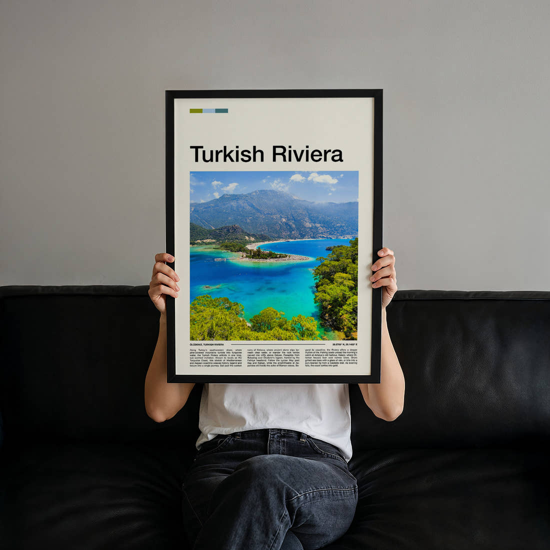 Turkish Riviera Turquoise Lagoon View Travel Print held up by hand to show the size of the print