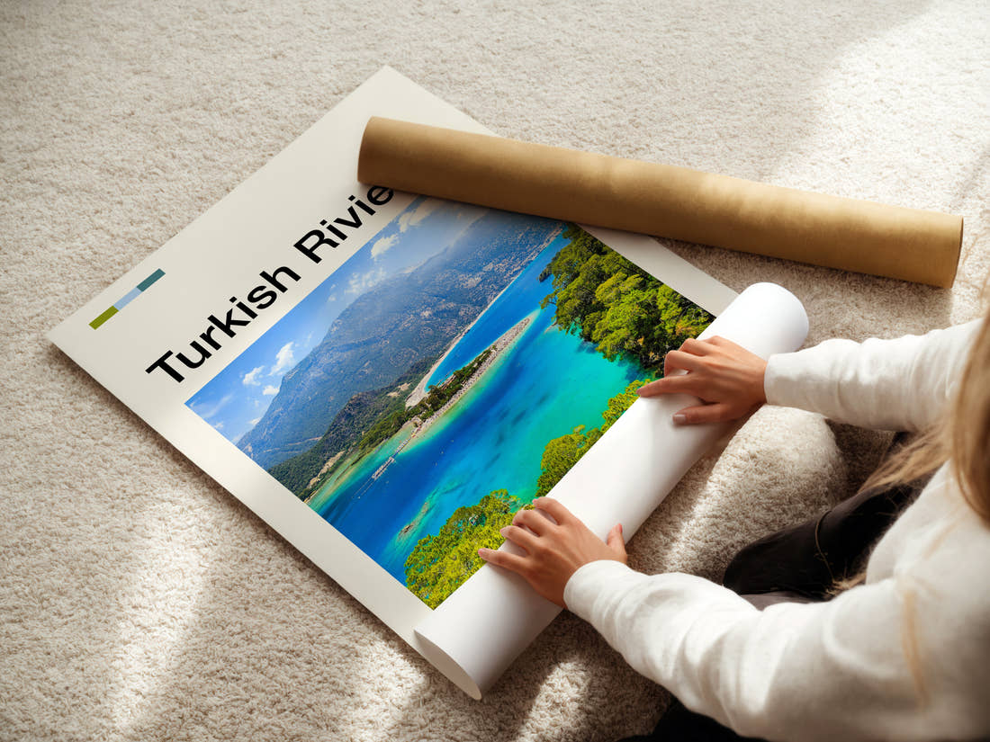 Turkish Riviera Turquoise Lagoon View Travel Print being unrolled from its postal tube