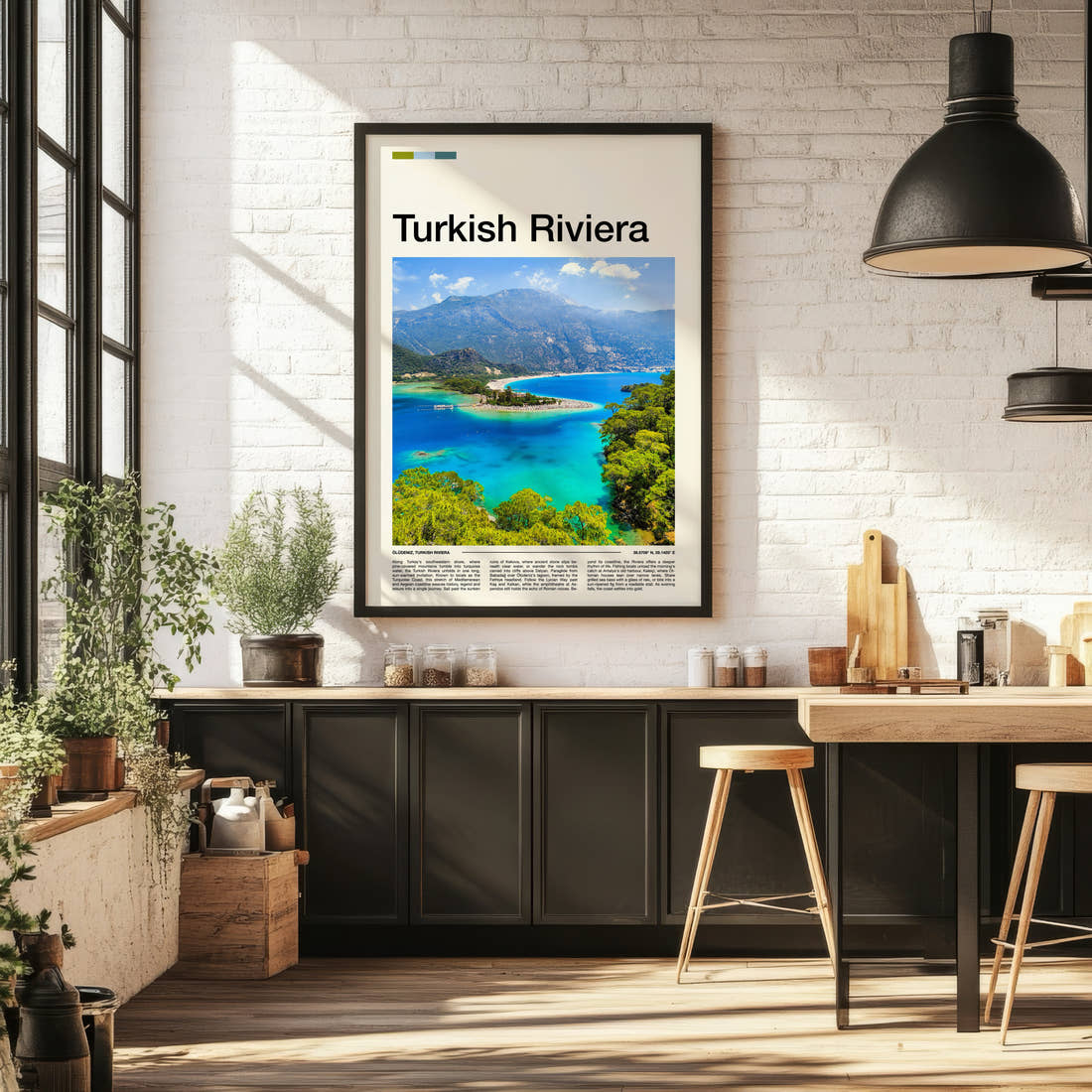 Turkish Riviera Turquoise Lagoon View Travel Print framed on the wall of a bright kitchen and dining space