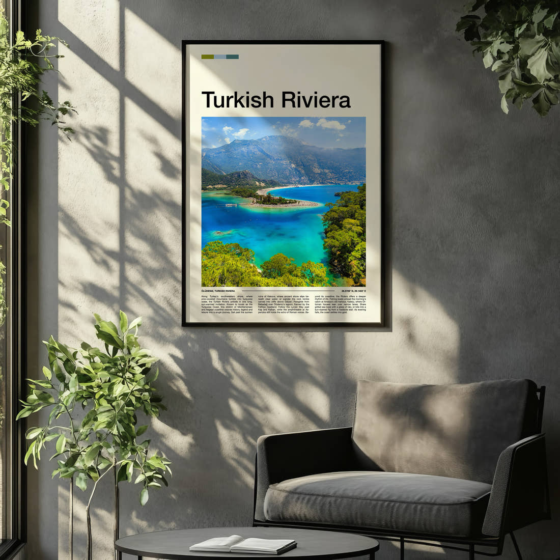 Turkish Riviera Turquoise Lagoon View Travel Print framed on the wall of a relaxed living room