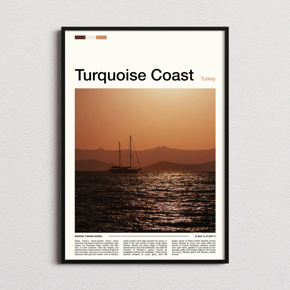 Turquoise Coast Sunset Sailing Boat Travel Print framed and photographed straight on