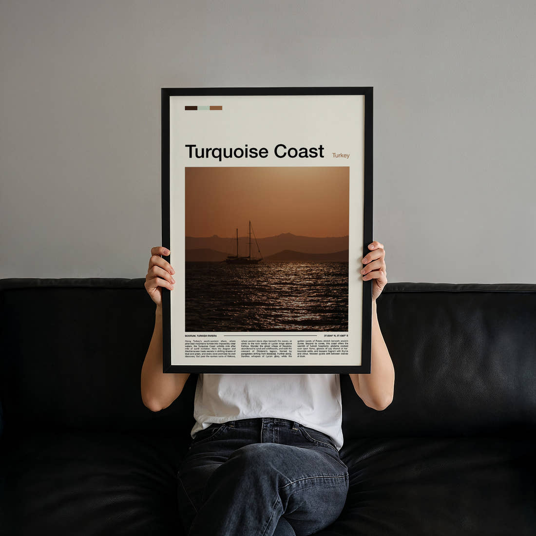 Turquoise Coast Sunset Sailing Boat Travel Print held up by hand to show the size of the print