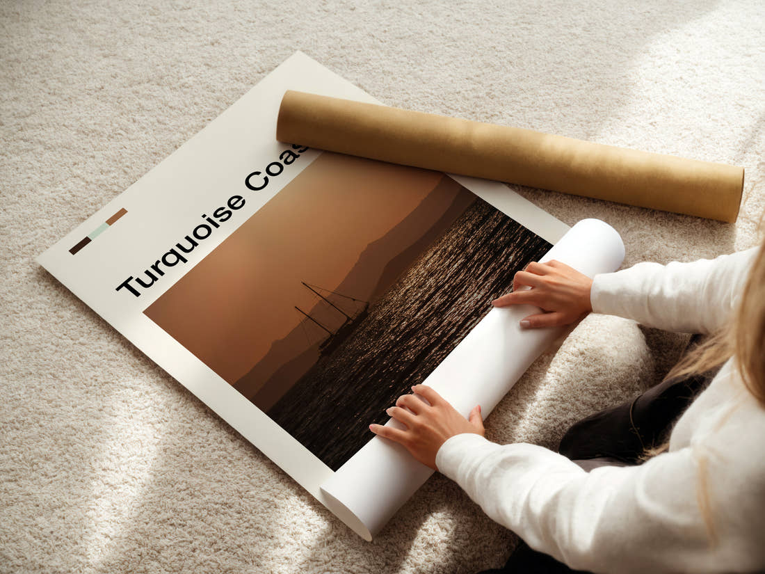 Turquoise Coast Sunset Sailing Boat Travel Print being unrolled from its postal tube
