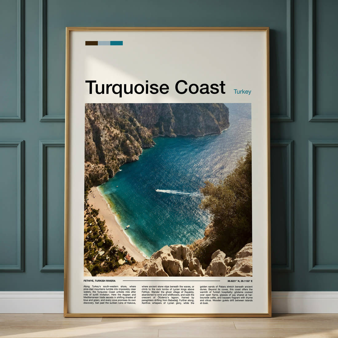 Turquoise Coast Aerial Cove View Travel Print framed on the wall of a calm, neutral bedroom