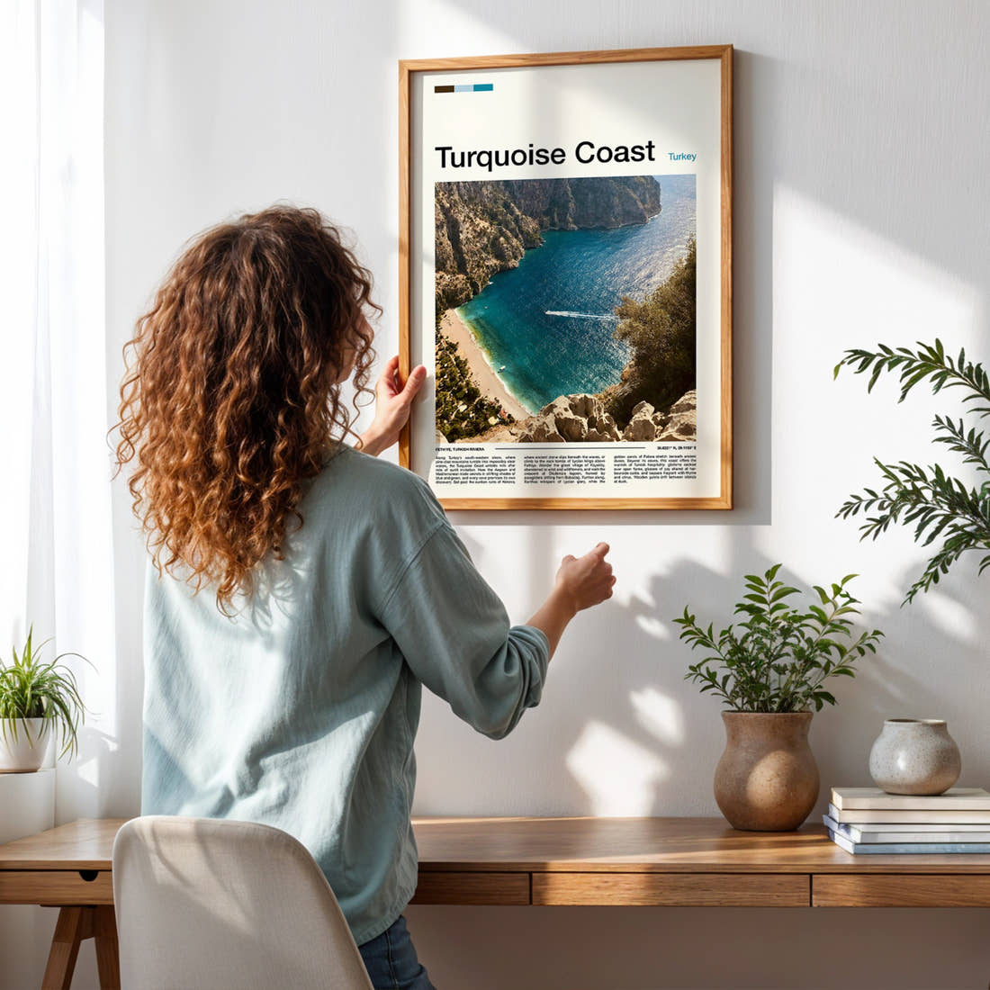 Turquoise Coast Aerial Cove View Travel Print framed on a pale wall beside houseplants