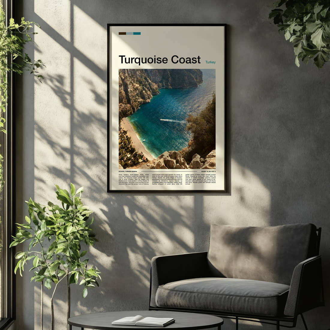 Turquoise Coast Aerial Cove View Travel Print framed on the wall of a relaxed living room