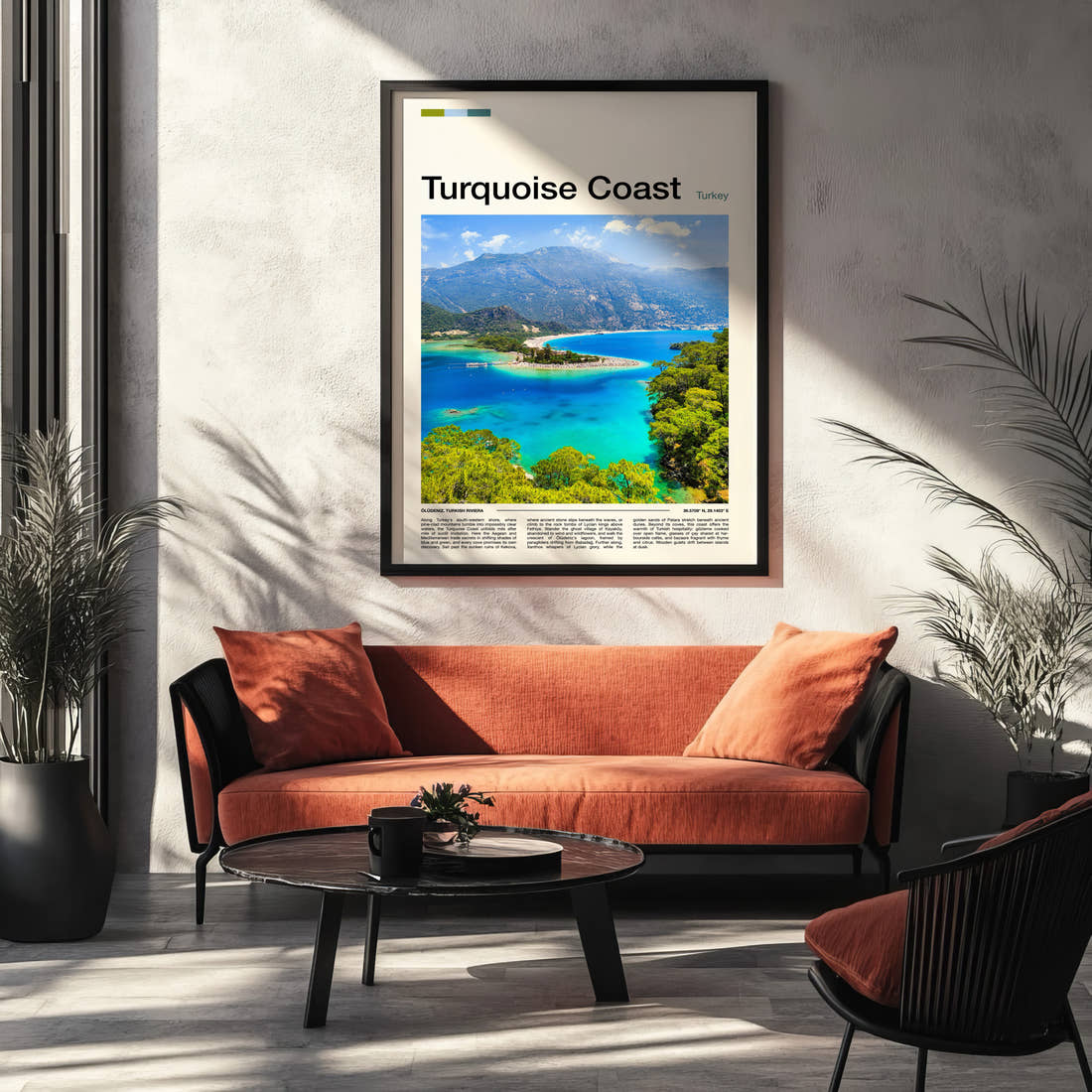 Turquoise Coast Aerial Lagoon View Travel Print framed on the wall of a modern living room