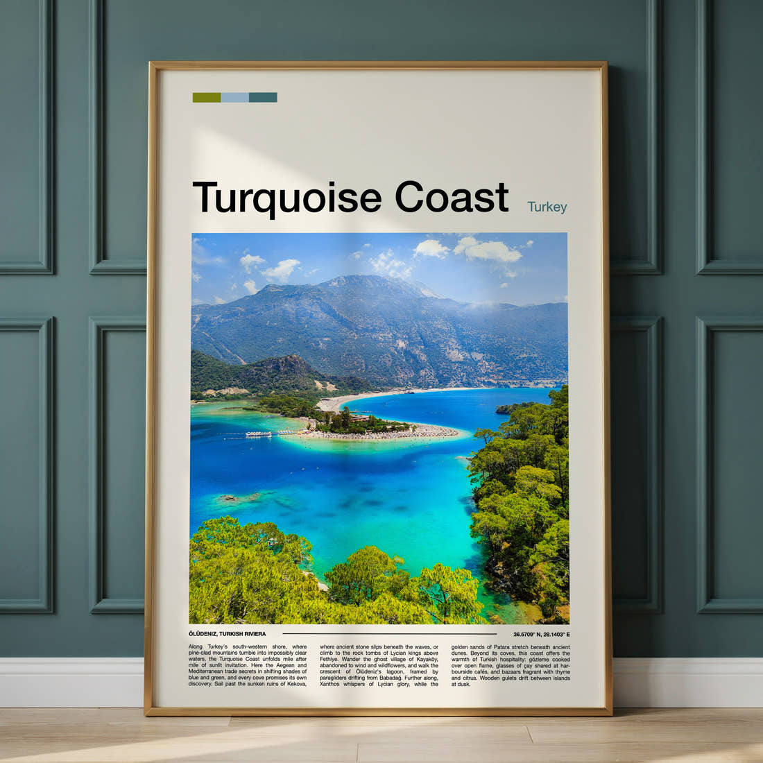 Turquoise Coast Aerial Lagoon View Travel Print framed on the wall of a calm, neutral bedroom