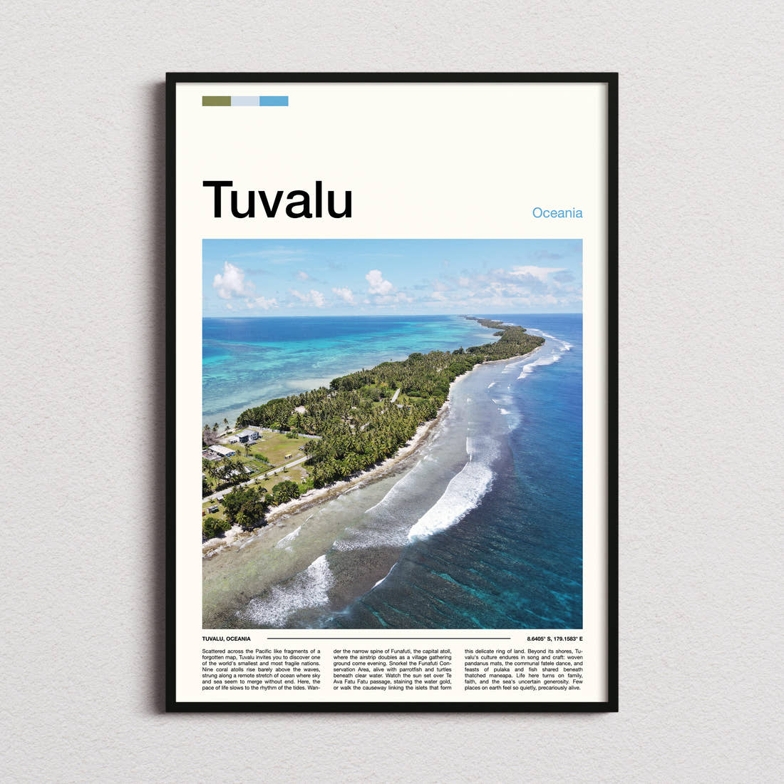 Tuvalu Aerial Atoll View Travel Print framed and photographed straight on