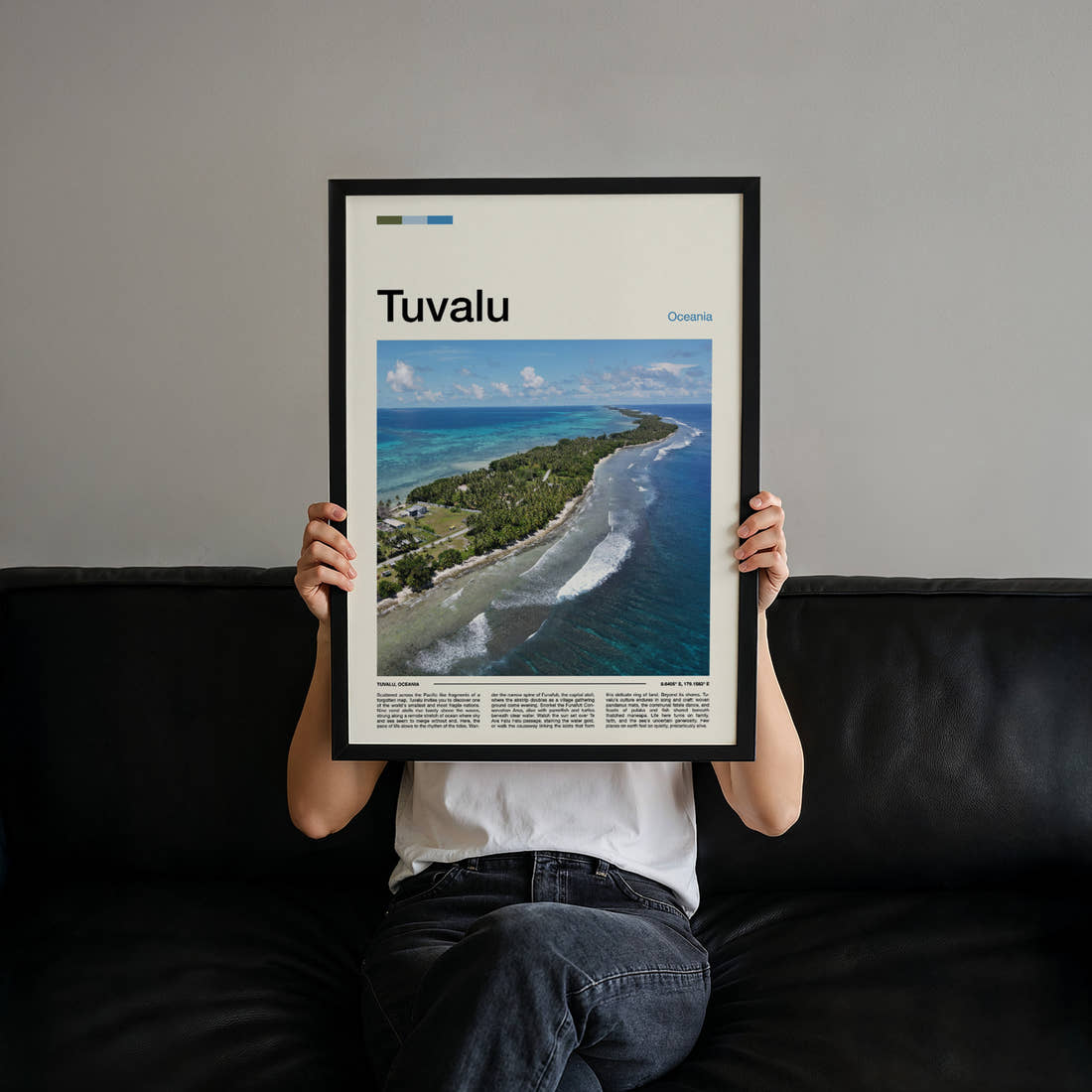 Tuvalu Aerial Atoll View Travel Print held up by hand to show the size of the print