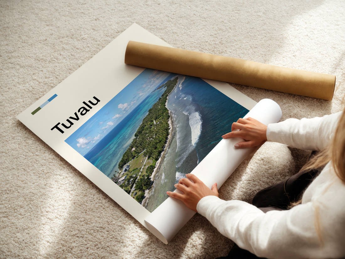 Tuvalu Aerial Atoll View Travel Print being unrolled from its postal tube