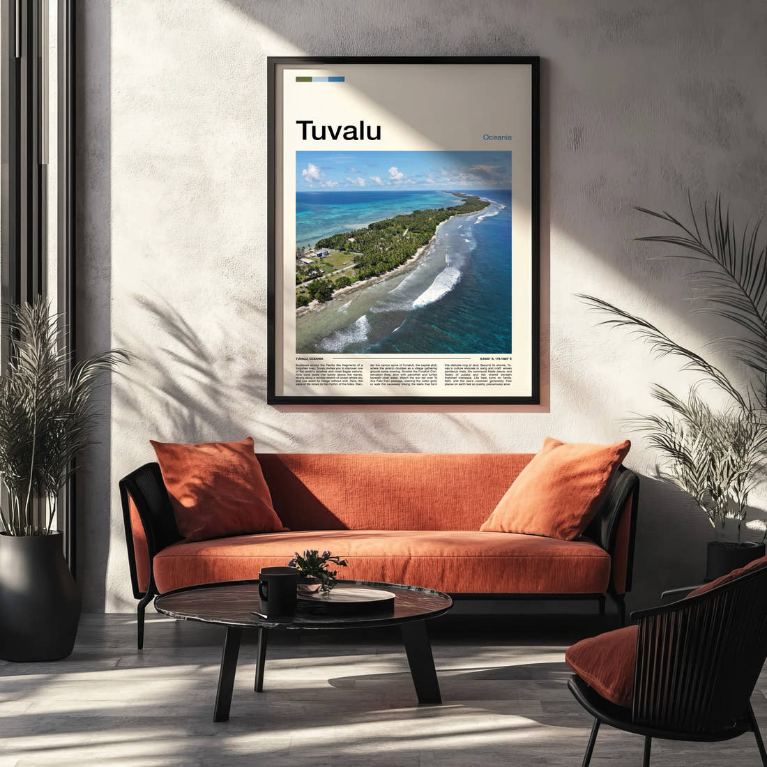 Tuvalu Aerial Atoll View Travel Print framed on the wall of a modern living room