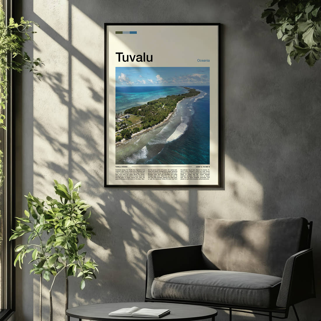 Tuvalu Aerial Atoll View Travel Print framed on the wall of a relaxed living room