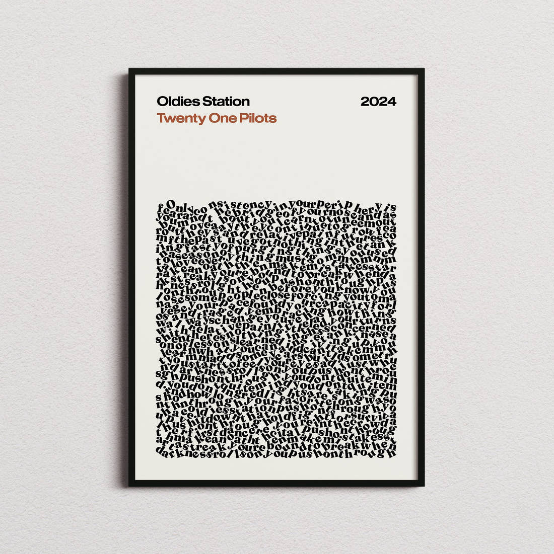 Twenty One Pilots Oldies Station Lyric Print in the cream colourway, framed
