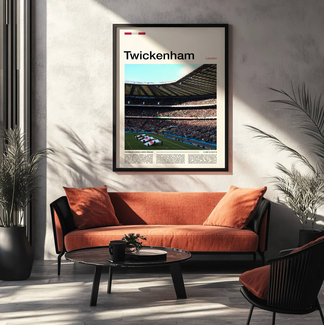Twickenham Stadium Print framed on the wall of a modern living room