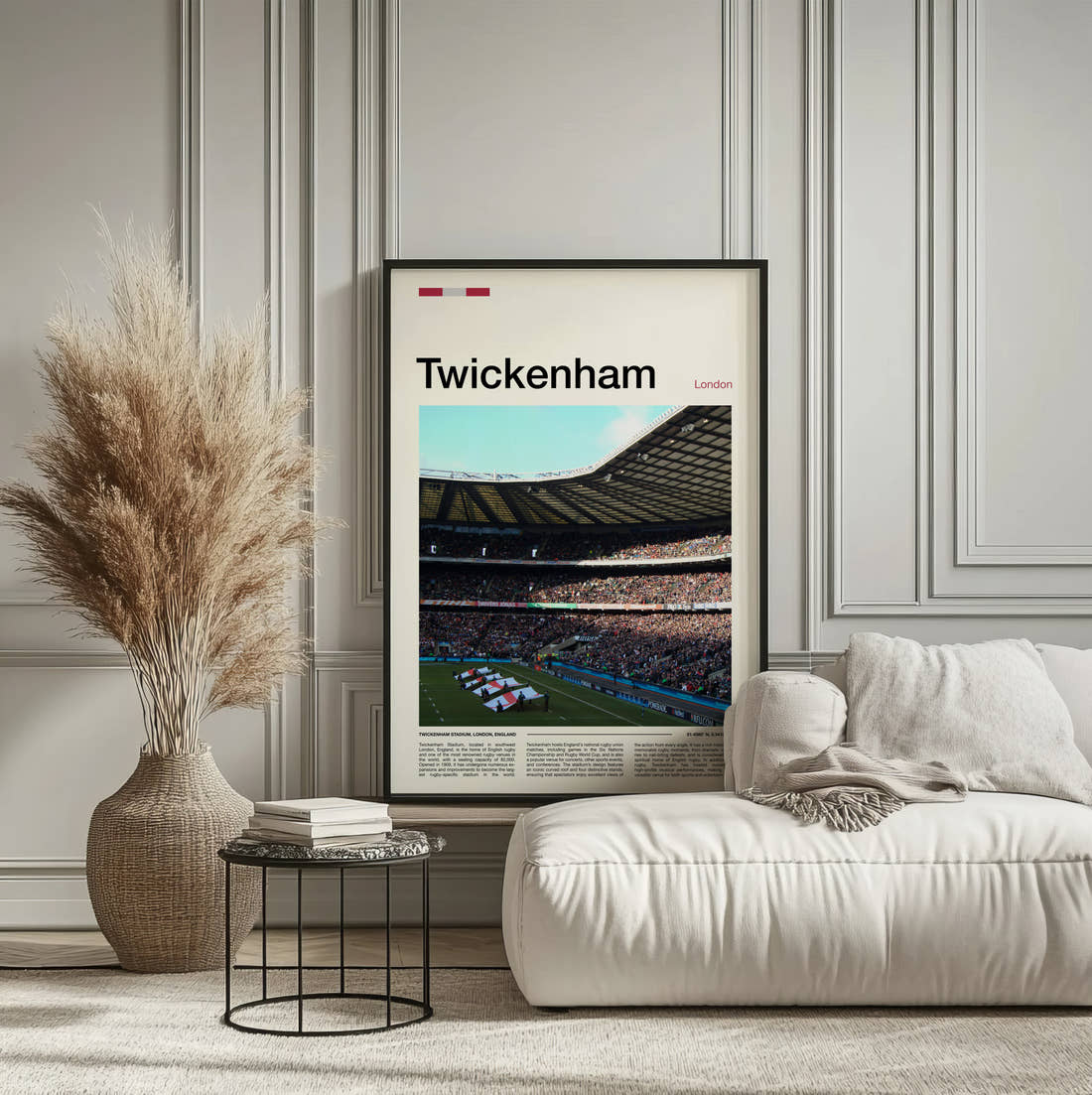 Twickenham Stadium Print framed on the wall of a calm, neutral bedroom