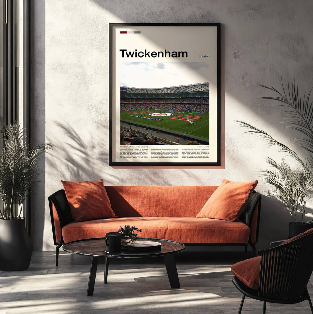 Twickenham Stadium Print framed on the wall of a modern living room