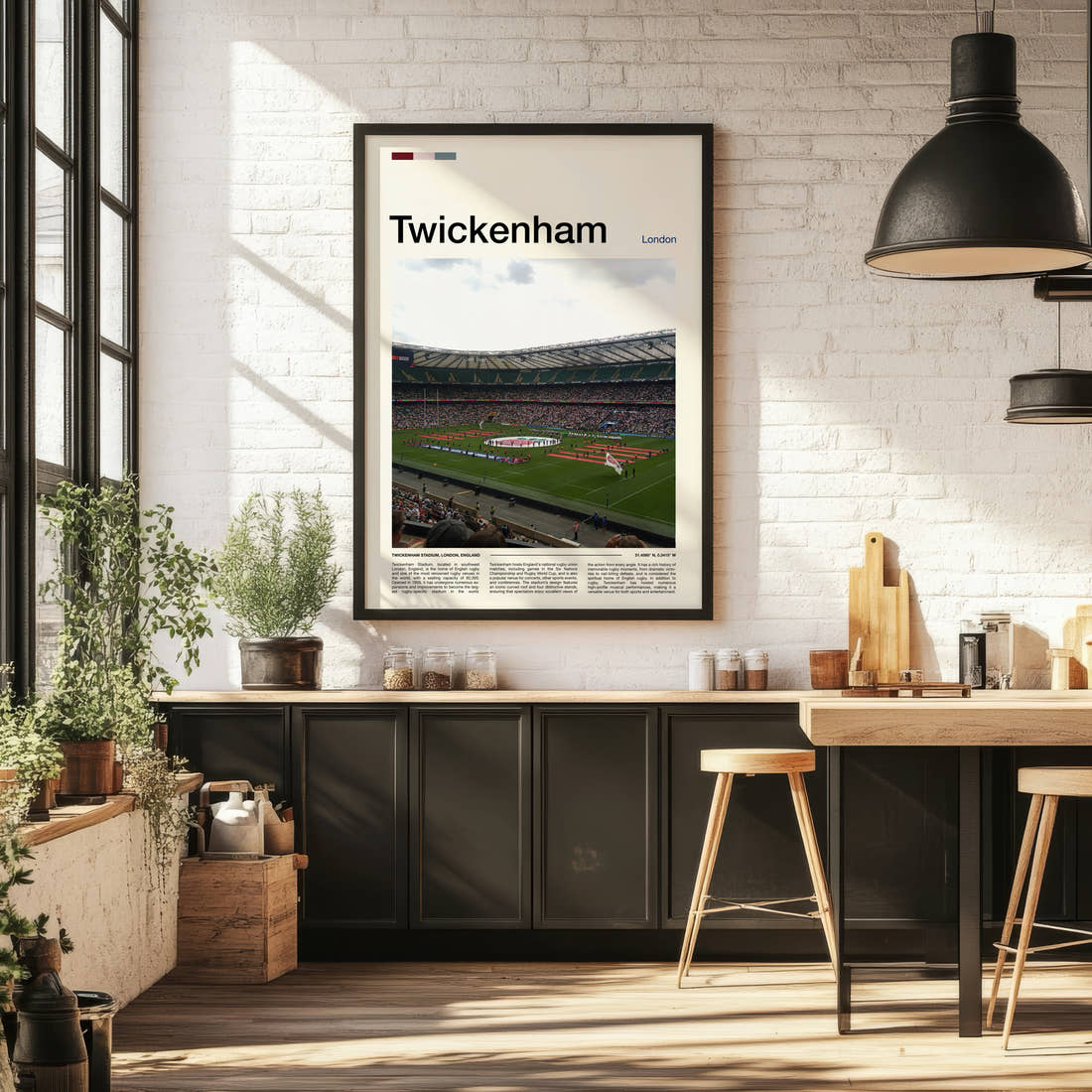 Twickenham Stadium Print framed on the wall of a bright kitchen and dining space