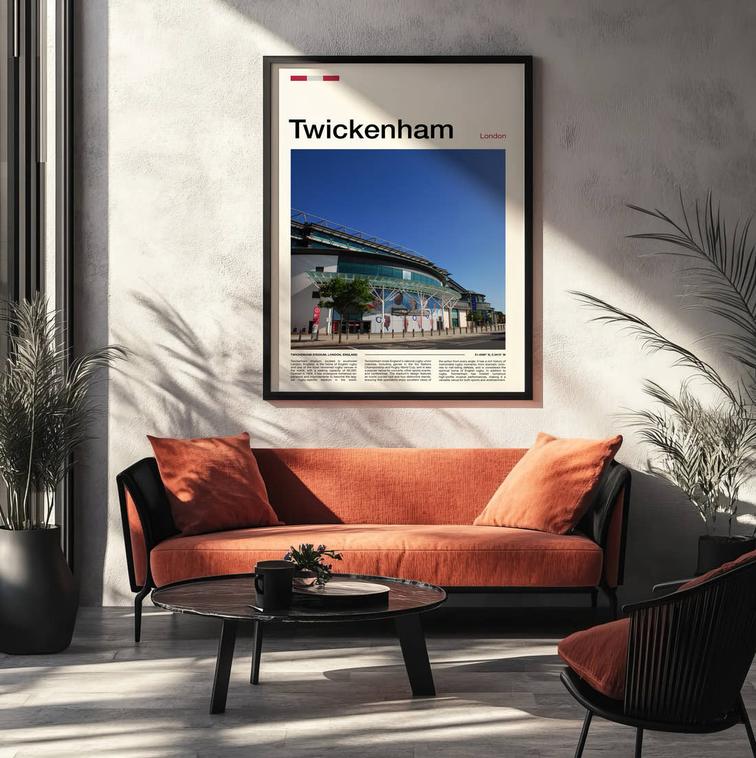 Twickenham Stadium Print framed on the wall of a modern living room