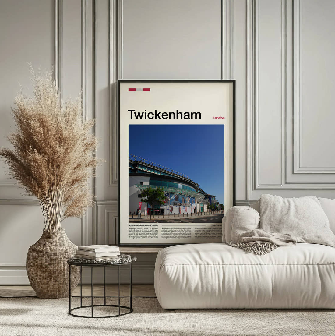 Twickenham Stadium Print framed on the wall of a calm, neutral bedroom