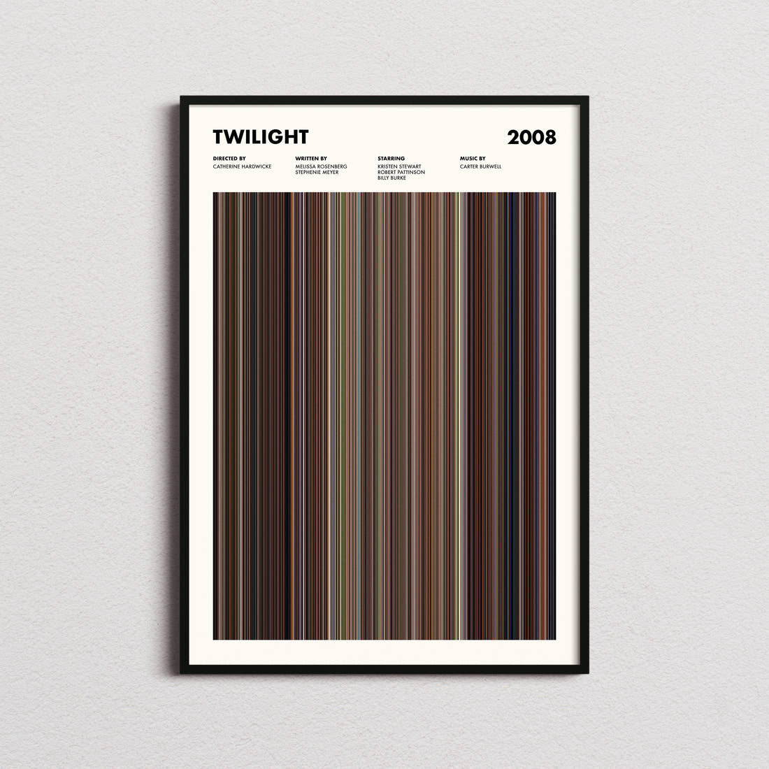 Twilight Movie Barcode Poster framed on a plain studio wall