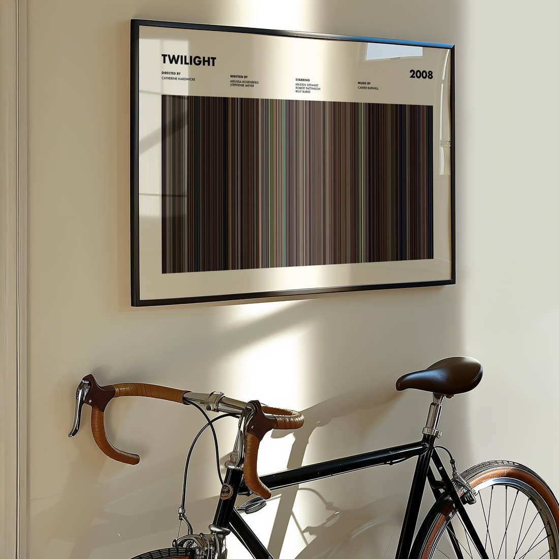 Twilight Movie Barcode Poster framed on the wall of a styled room setting