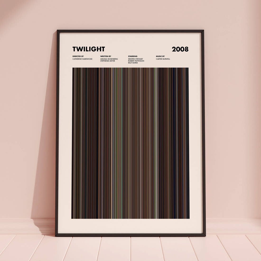 Twilight Movie Barcode Poster framed and leaning against a coloured wall