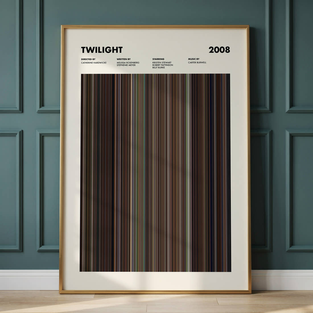 Twilight Movie Barcode Poster framed and leaning against a panelled wall