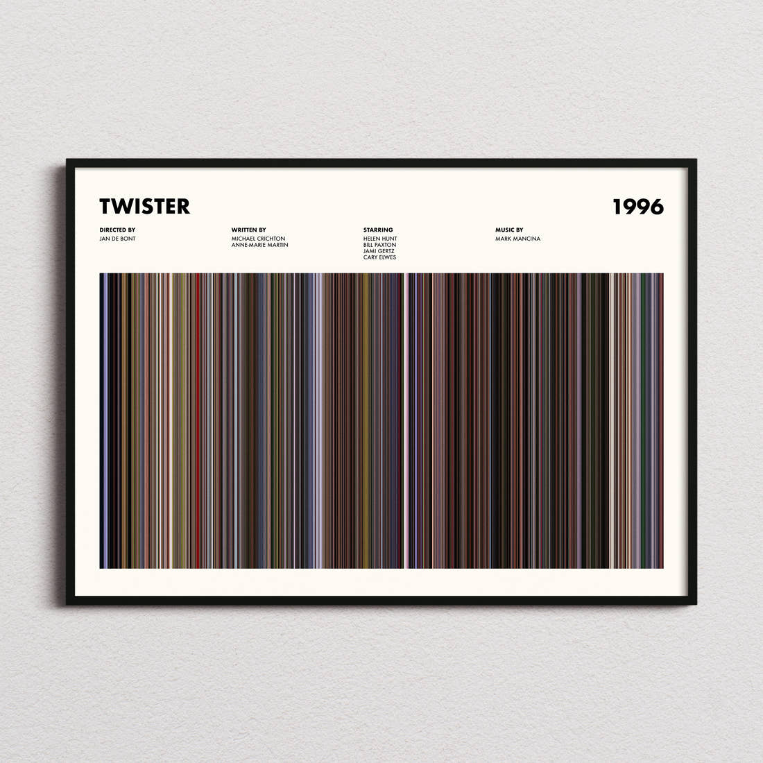 Twister Movie Barcode Poster framed and photographed straight on