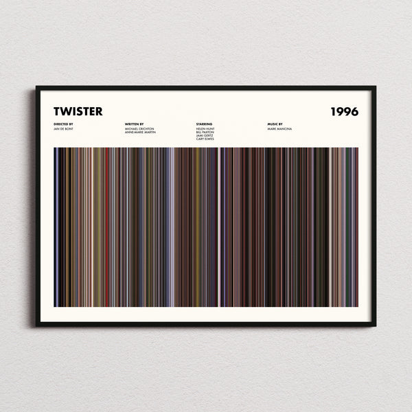 Twister Movie Barcode Poster framed and photographed straight on