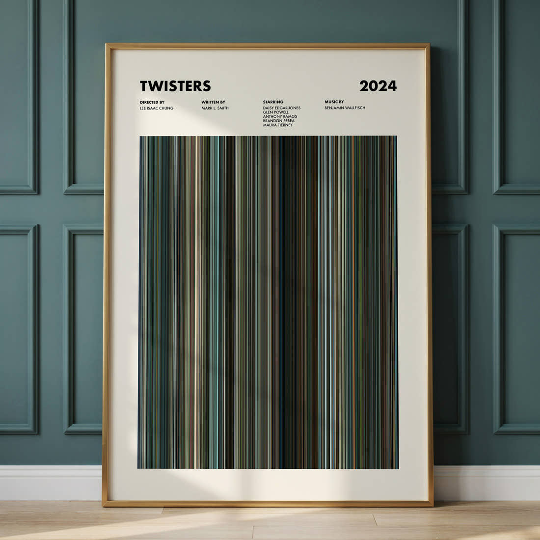 Twisters Movie Barcode Poster framed and leaning against a panelled wall