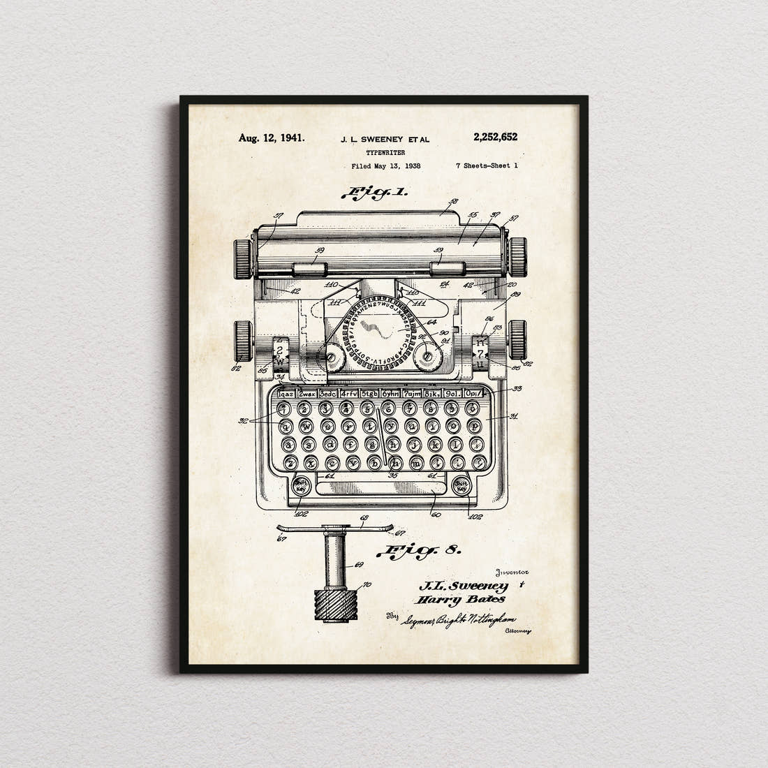 Typewriter Patent Print in the aged paper colourway, framed