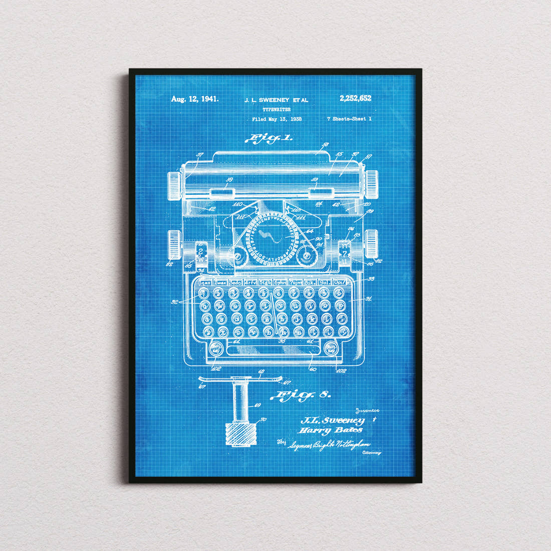 Typewriter Patent Print in the blueprint colourway, framed