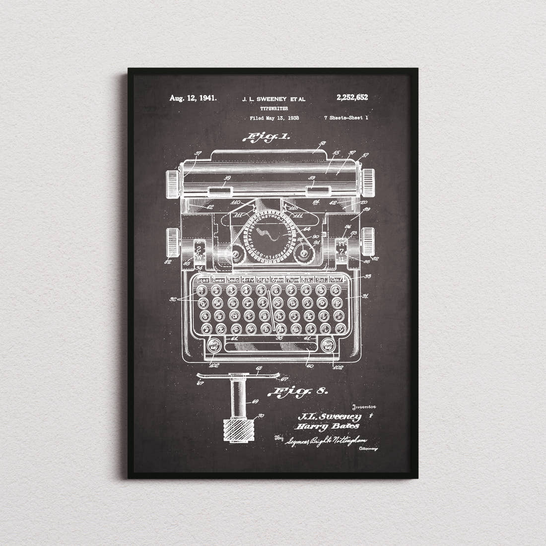 Typewriter Patent Print in the blackboard colourway, framed