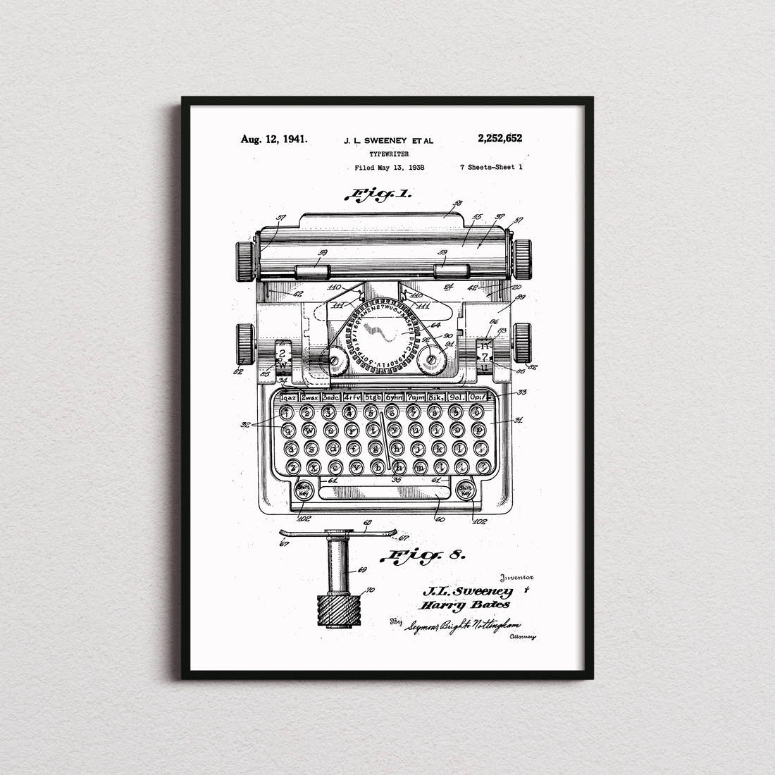 Typewriter Patent Print in the white colourway, framed