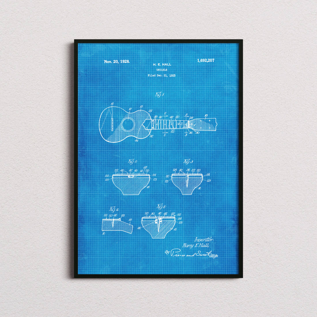 Ukelele Patent Print in the blueprint colourway, framed
