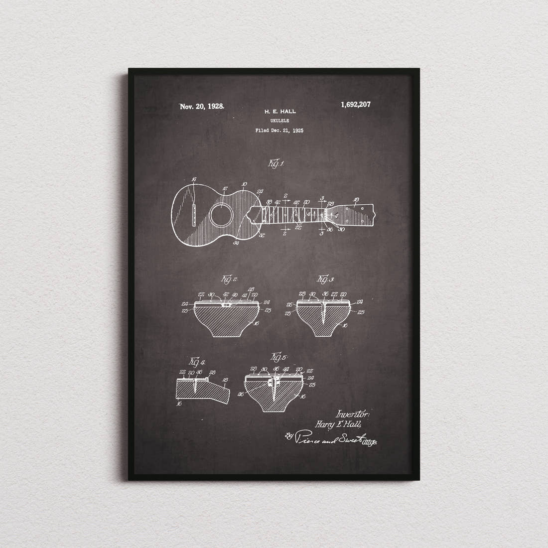 Ukelele Patent Print in the blackboard colourway, framed