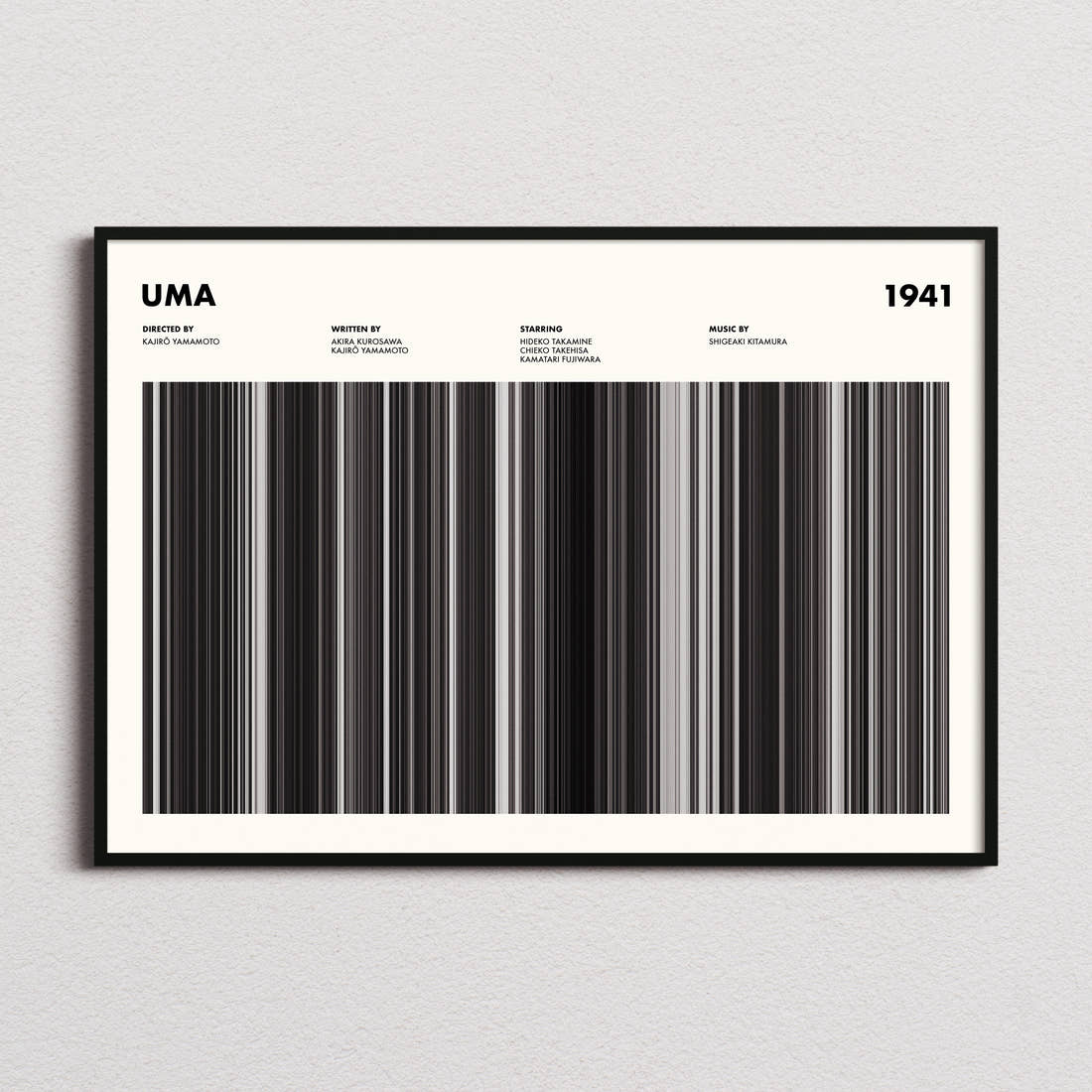Uma Movie Barcode Poster framed and photographed straight on
